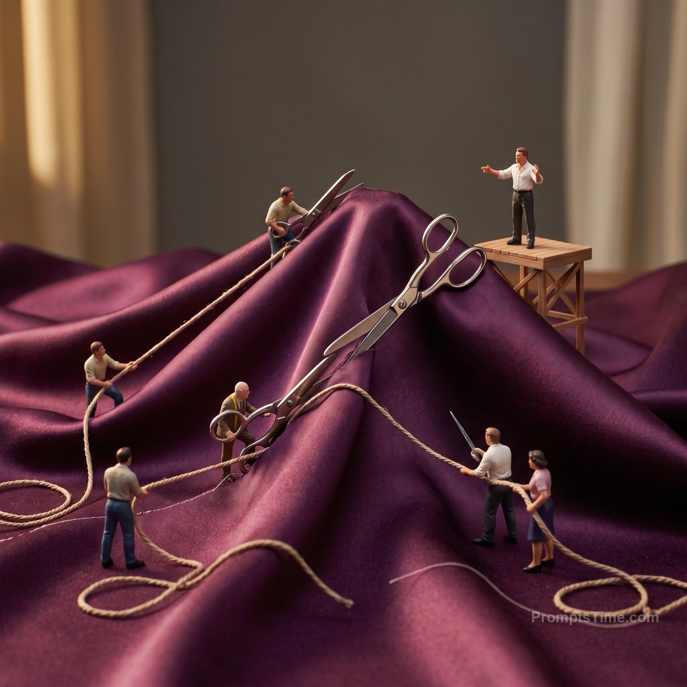 Cutting and stitching huge satin drape — AI-generated images image made with Gemini Image