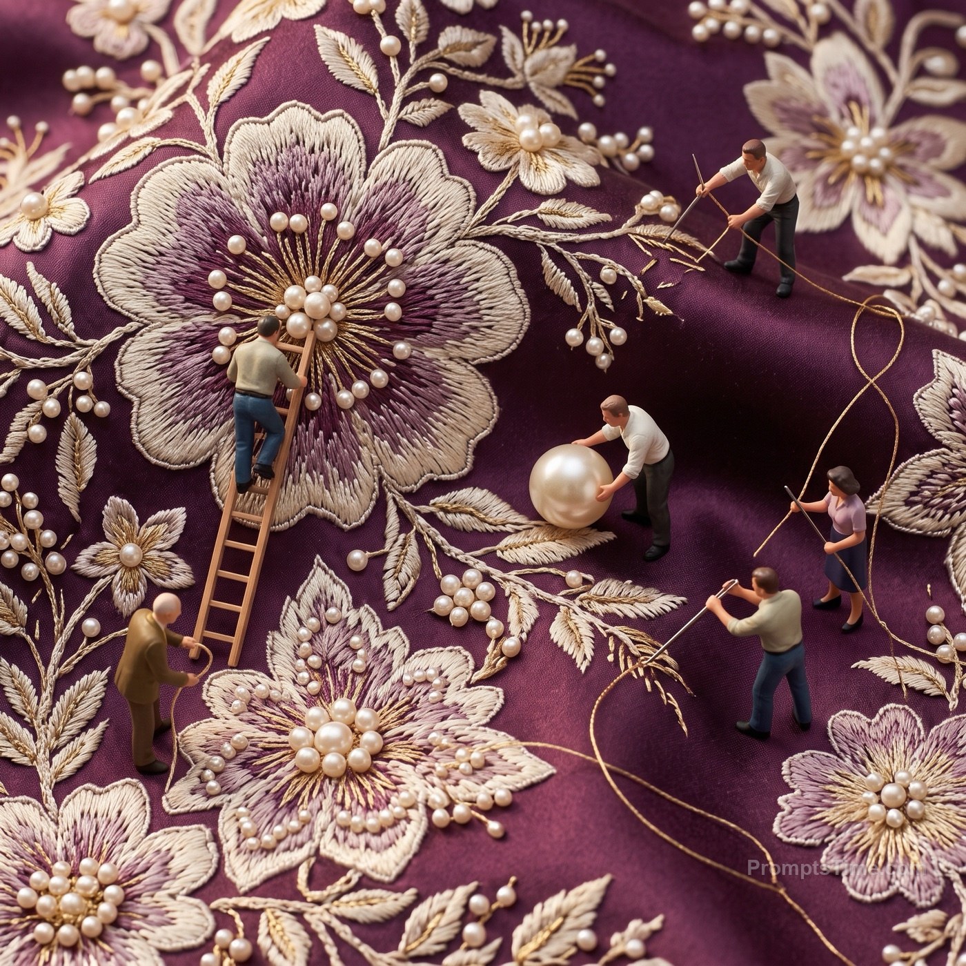 Embroidering silver floral lace across the satin — AI-generated variation made with Gemini Image