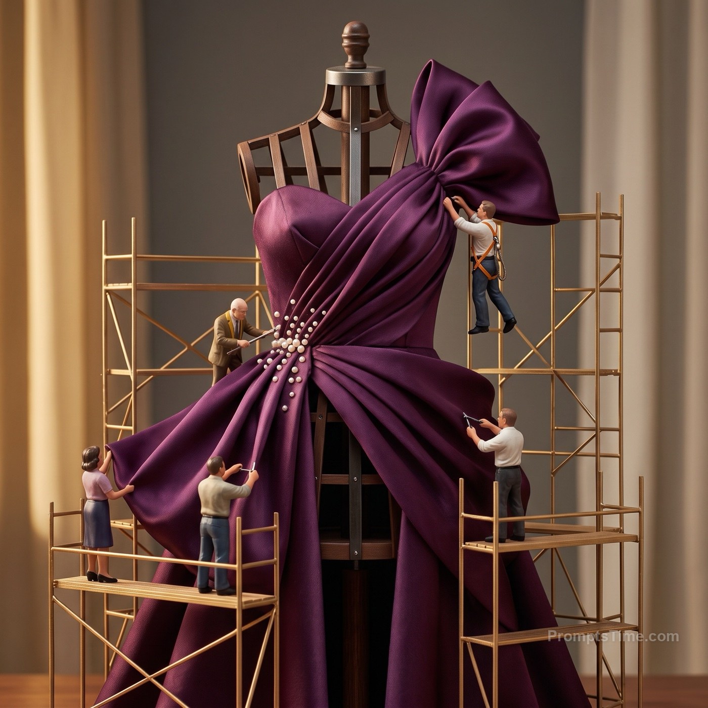 Assembling the gown on dress form surrounded by scaffolding — AI-generated variation made with Gemini Image
