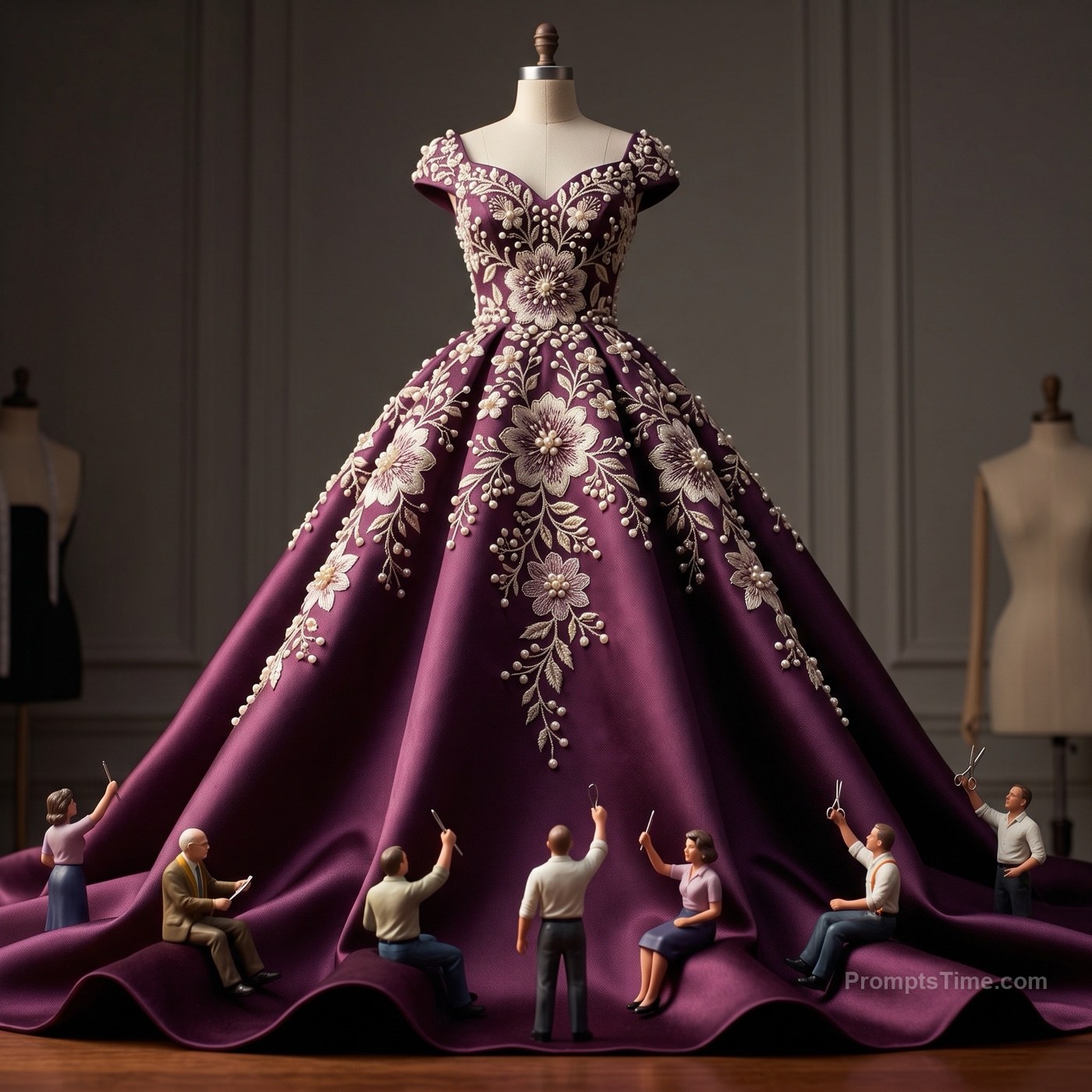 Admiring the finished embroidered ball gown — AI-generated variation made with Gemini Image