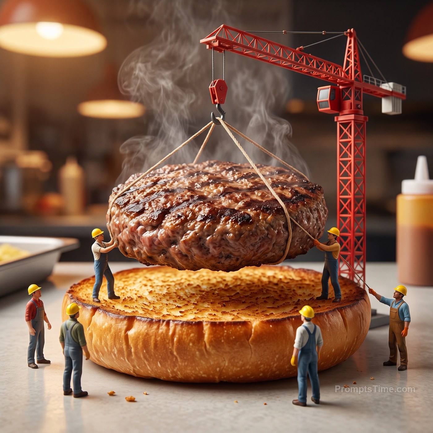 Lowering the juicy beef patty onto the bottom bun with crane — AI-generated variation made with Gemini Image