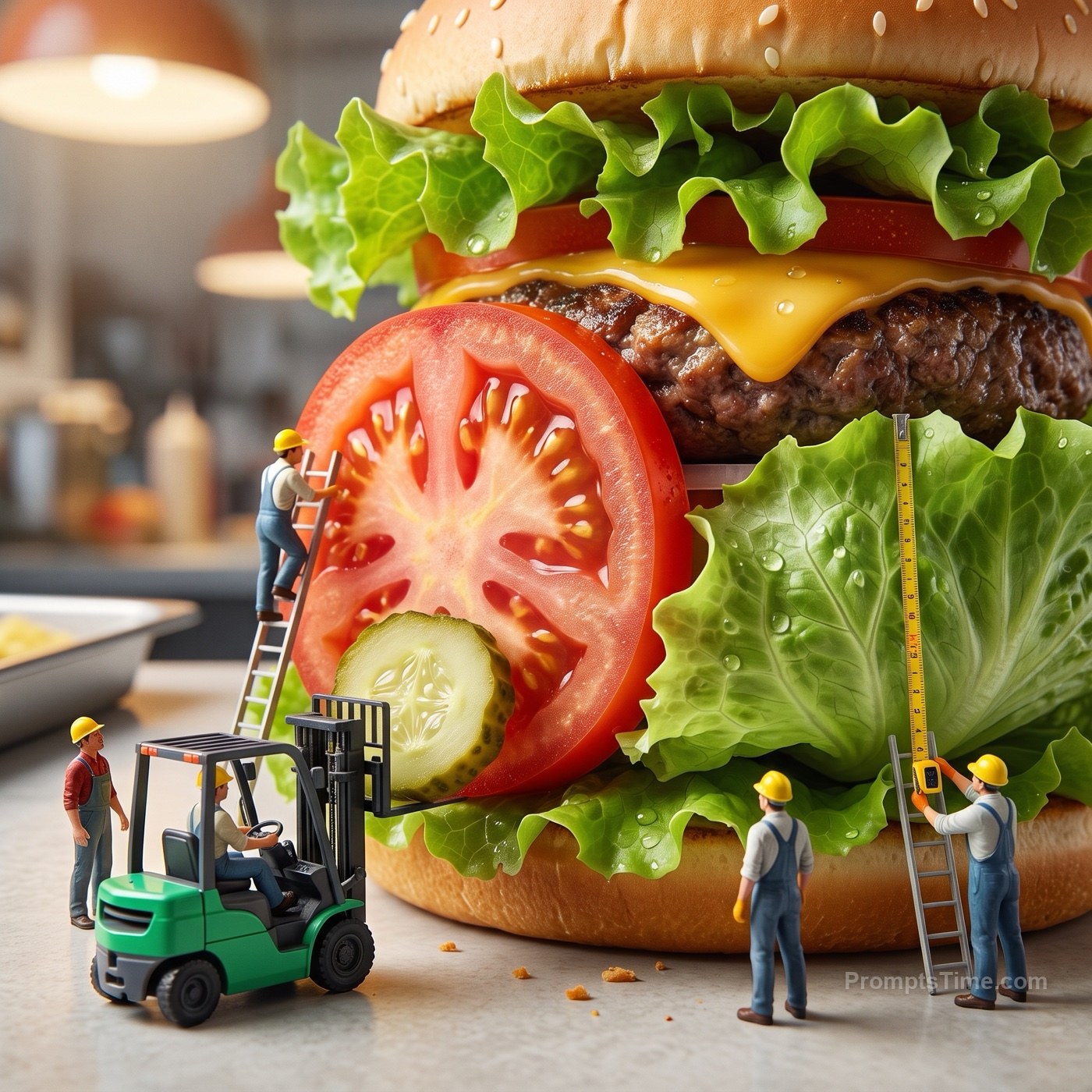 Placing huge lettuce leaves and tomato slices with forklift — AI-generated variation made with Gemini Image