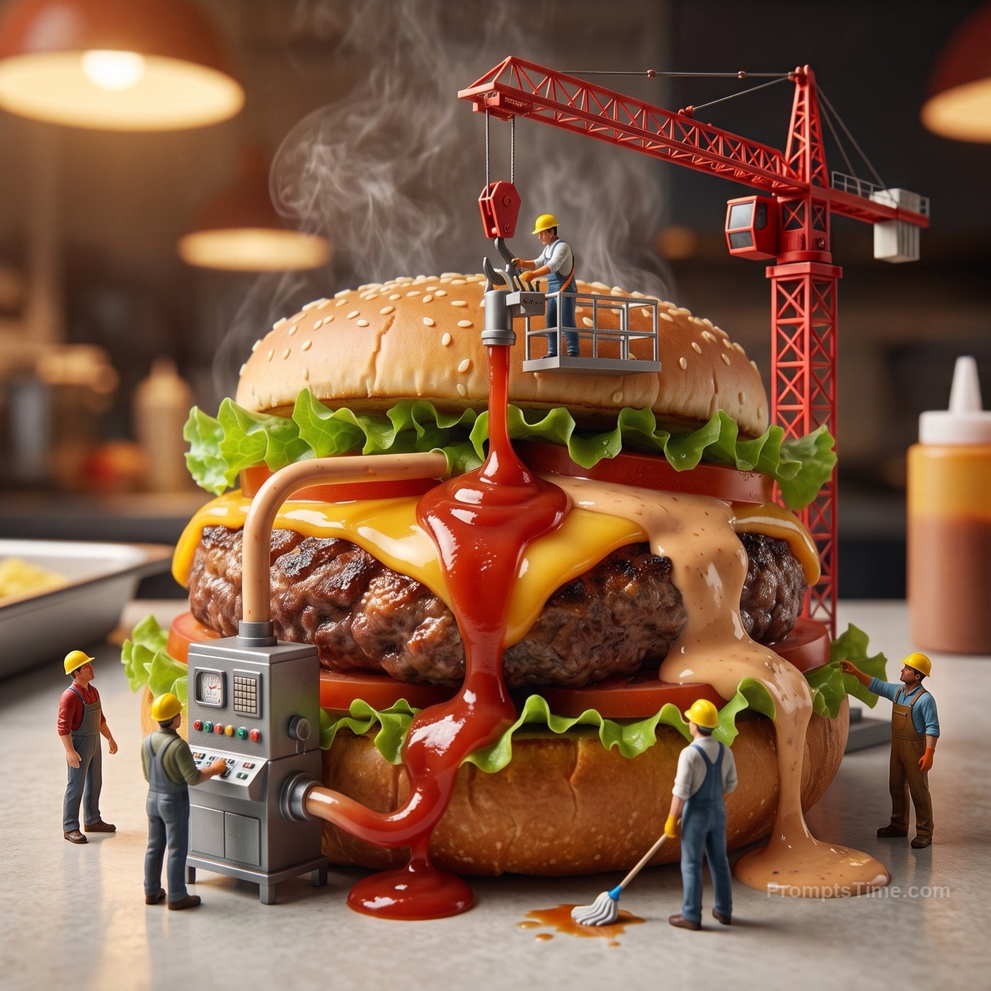 Pouring ketchup from crane-held bottle — AI-generated images image made with Gemini Image