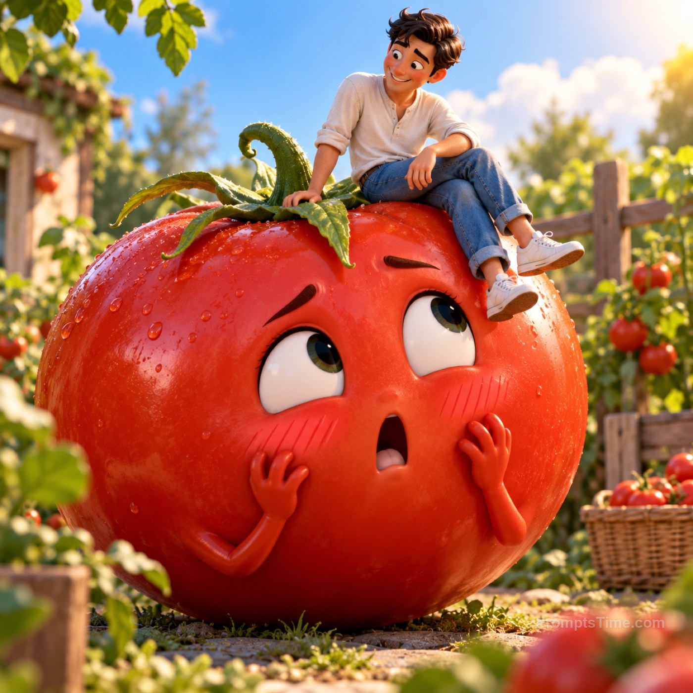 The man sitting on top of the tomato in sunny garden, the to — AI-generated variation made with Gemini & ChatGPT Image
