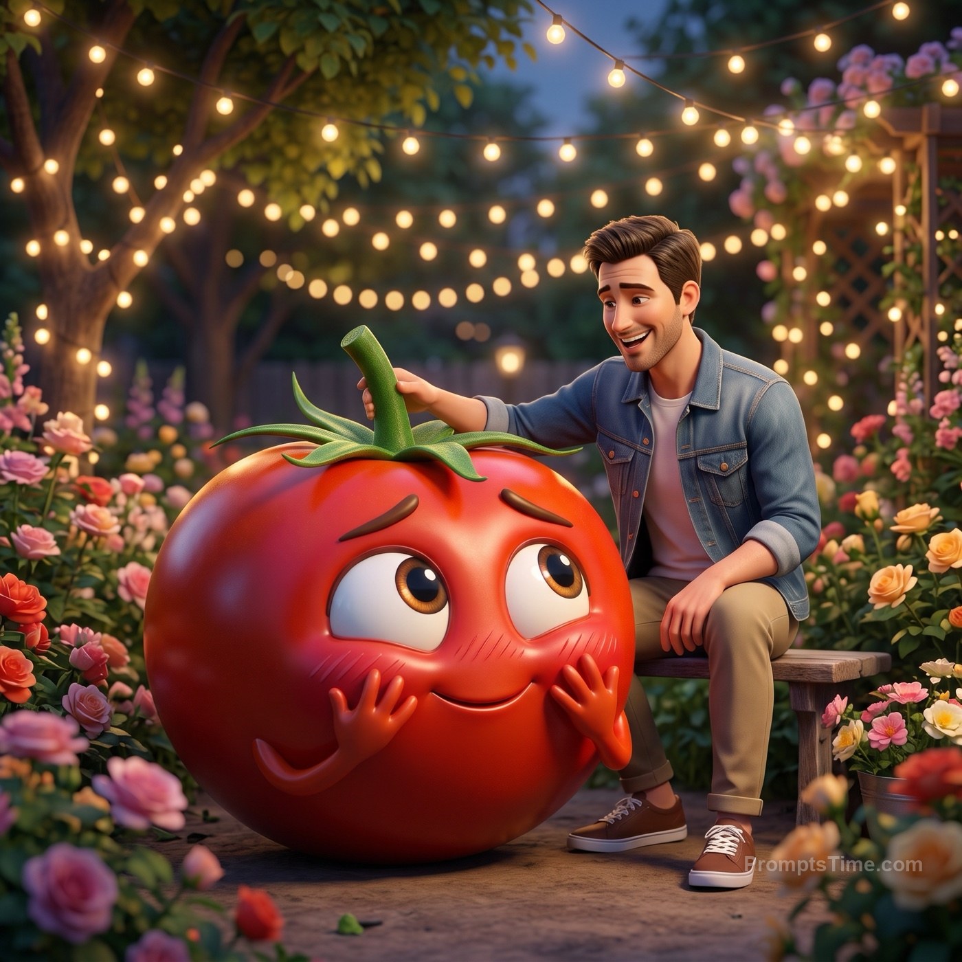 The man sitting beside the tomato in an evening garden under — AI-generated variation made with Gemini & ChatGPT Image