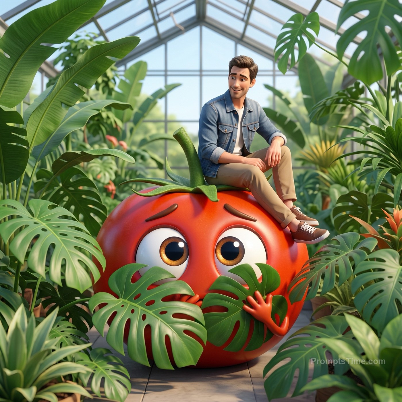 The man sitting on the tomato in lush greenhouse full of tro — AI-generated images image made with Gemini & ChatGPT Image