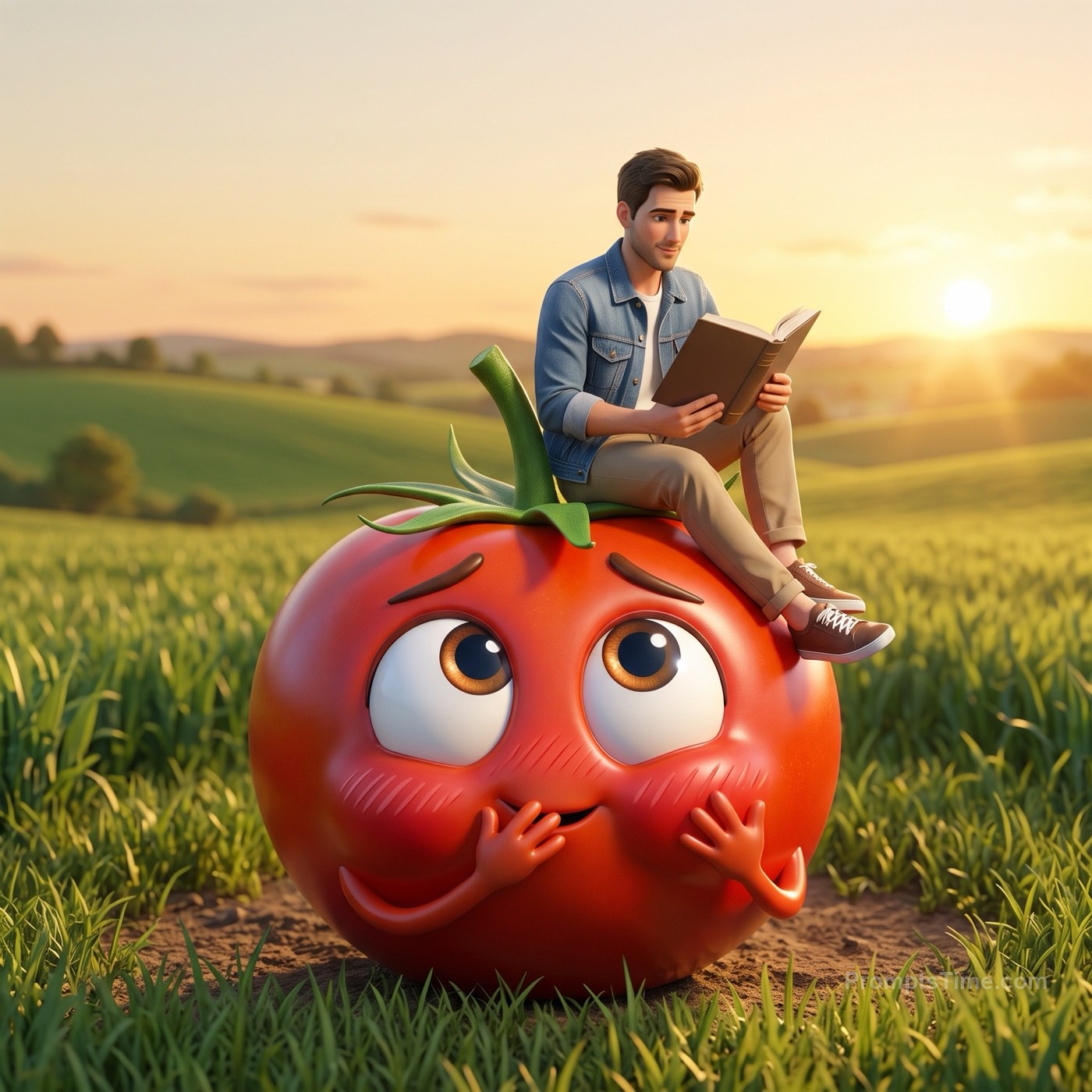 The man reading book on top of the tomato in golden-hour mea — AI-generated variation made with Gemini & ChatGPT Image