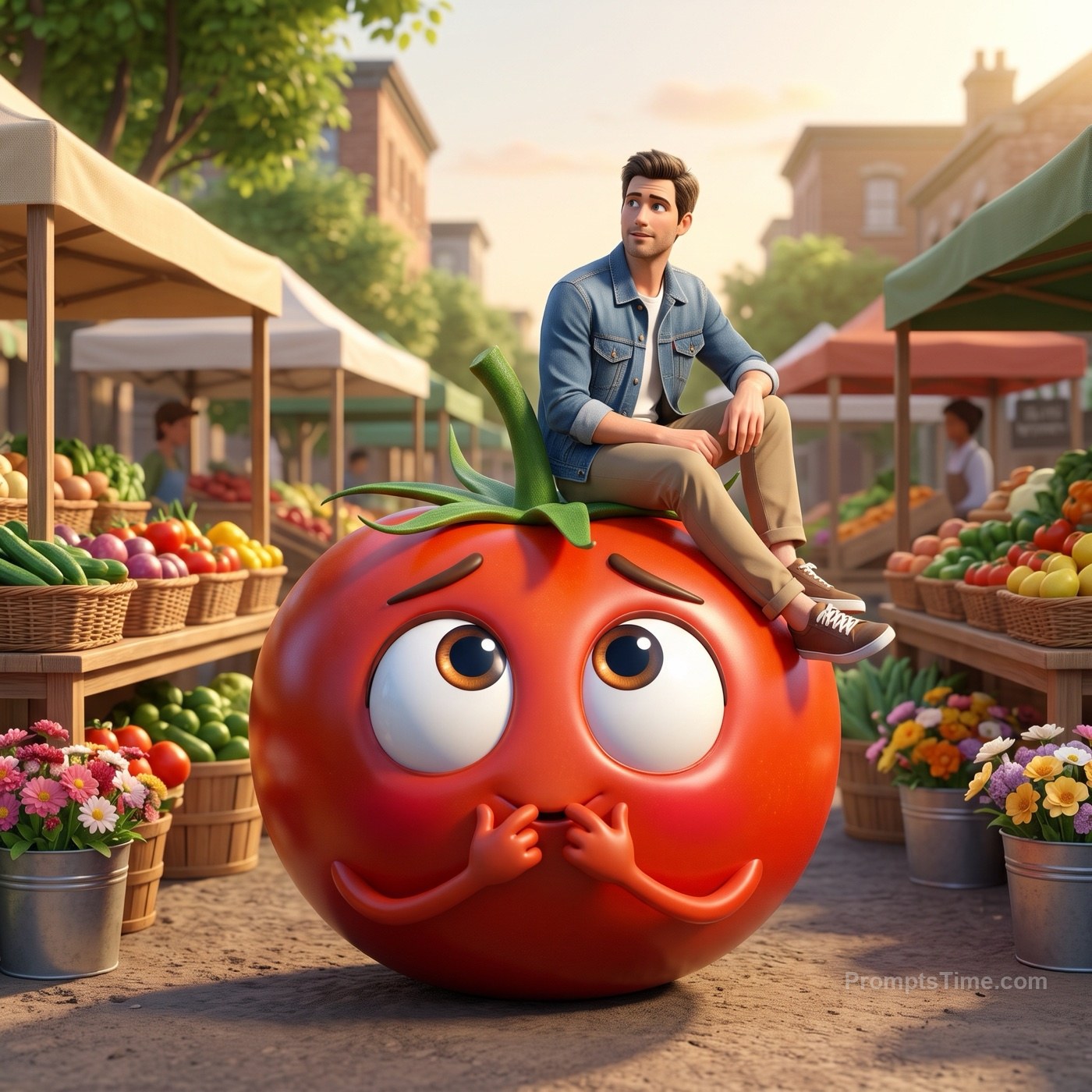 The man sitting on the tomato at busy farmers market stall — AI-generated variation made with Gemini & ChatGPT Image