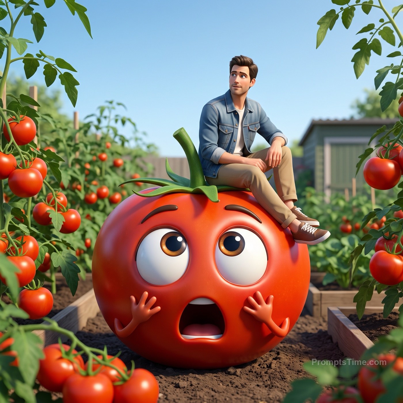 The man sitting on the tomato among tomato vines in vegetabl — AI-generated variation made with Gemini & ChatGPT Image