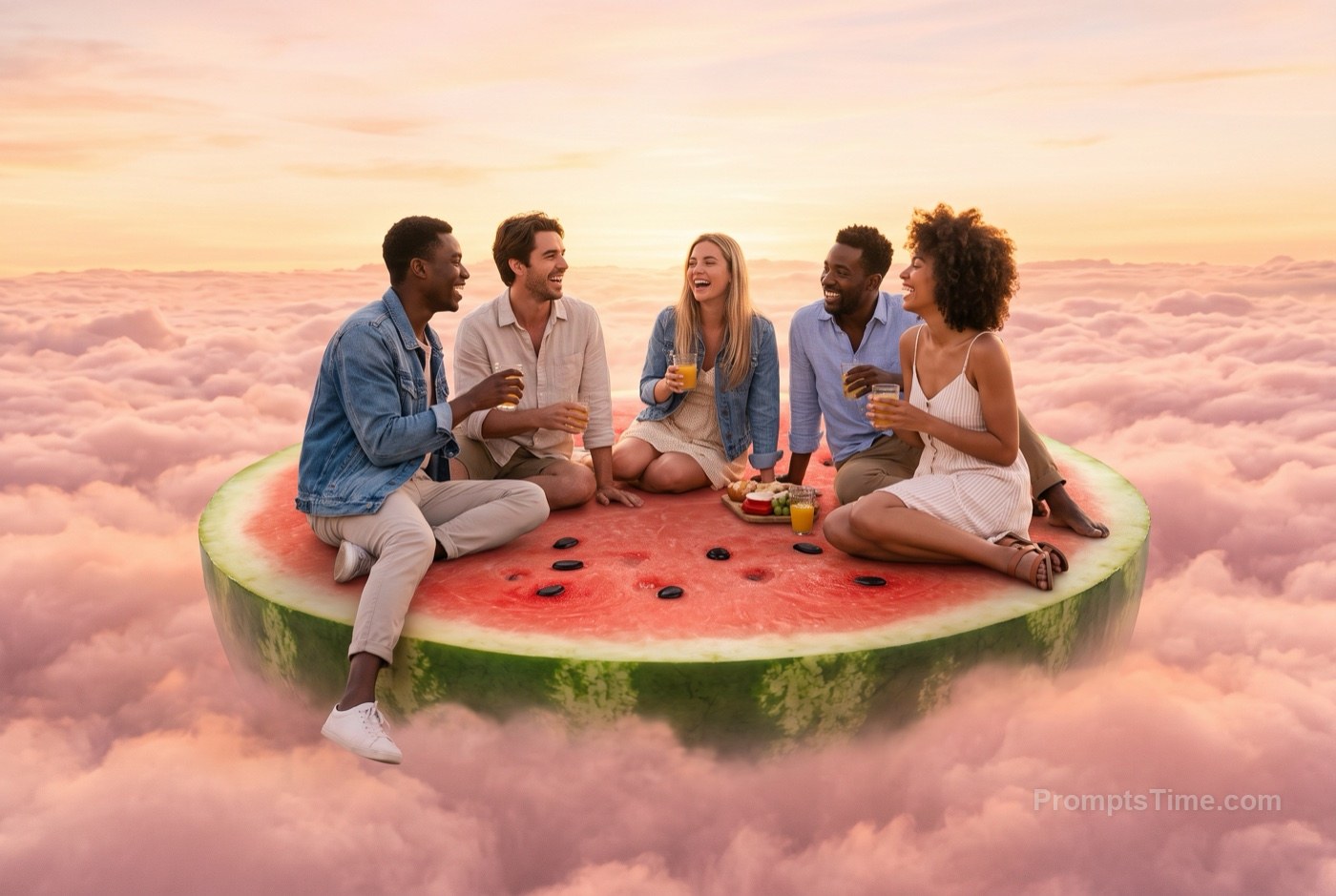 Friends having sunset picnic on giant floating slice of wate — AI-generated variation made with Gemini Image