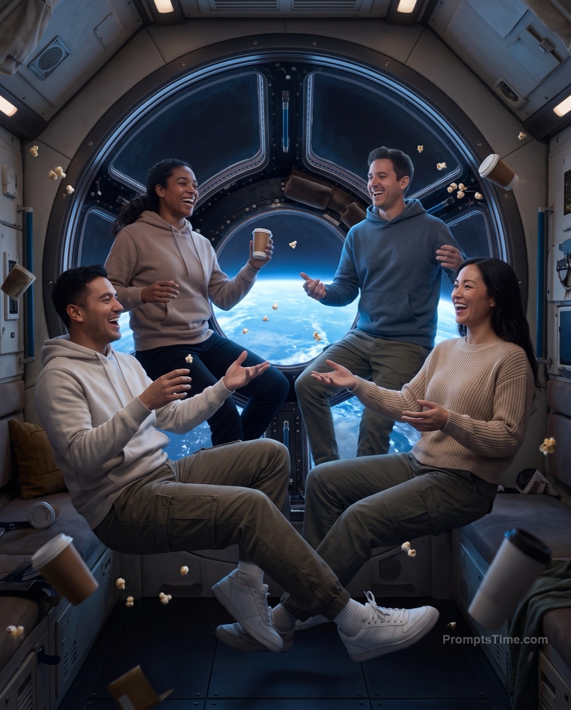 Friends floating weightless in cozy spaceship lounge with ea — AI-generated images image made with Gemini Image