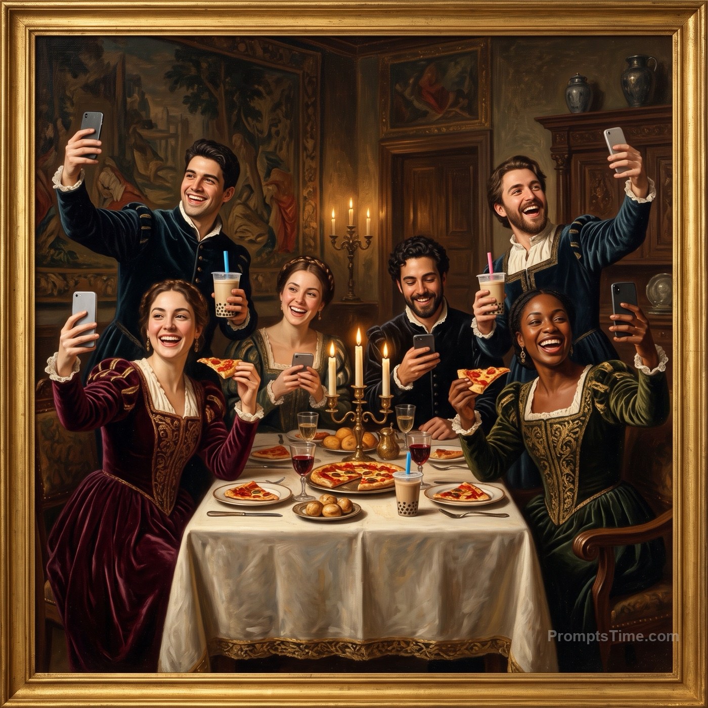 Friends posed as classic renaissance oil painting of grand f — AI-generated variation made with Gemini Image