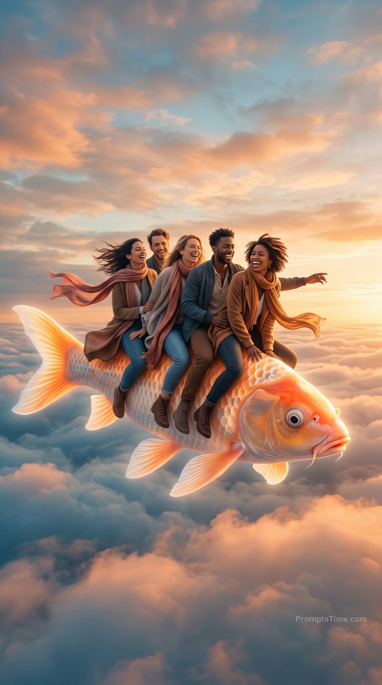 Friends riding giant glowing koi fish through seof clouds at — AI-generated variation made with Gemini Image