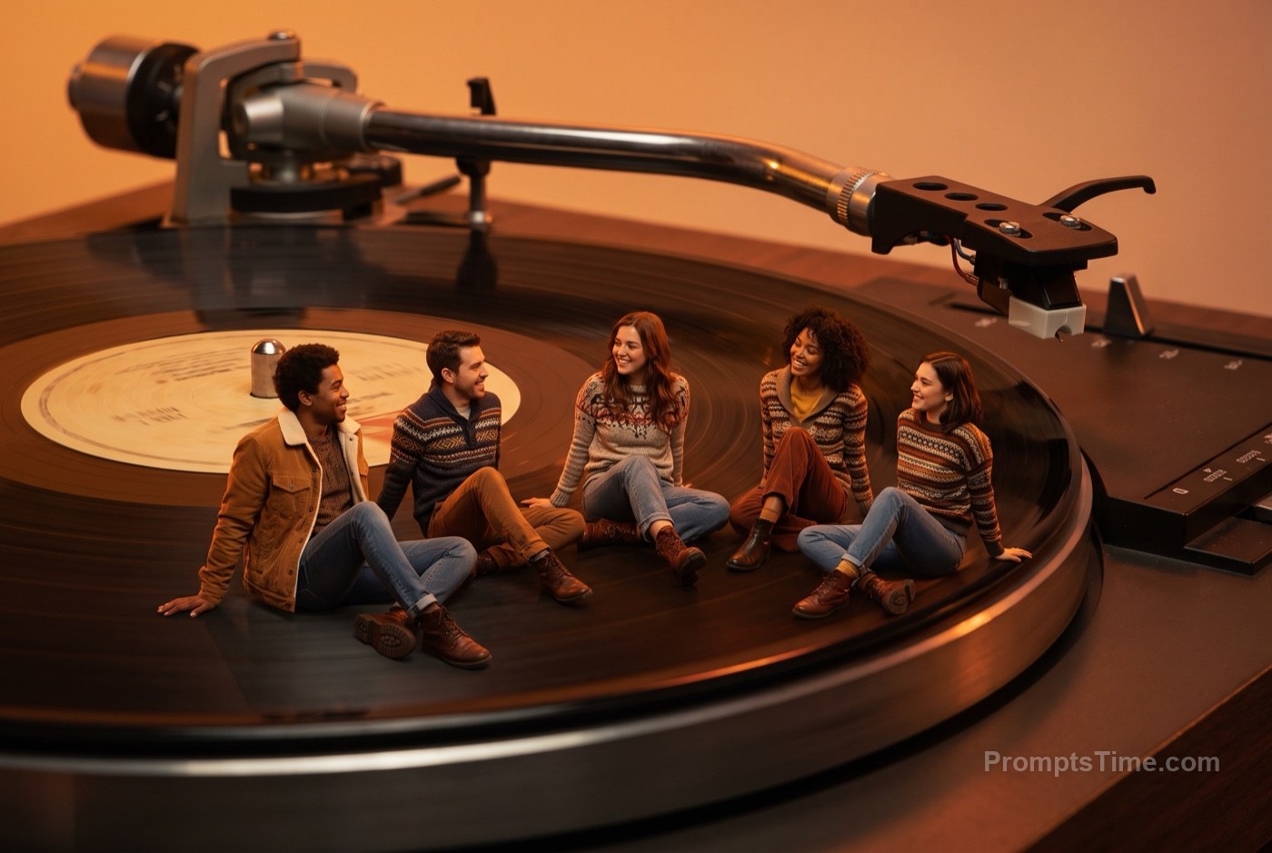 Friends as tiny figures sitting on giant spinning vinyl reco — AI-generated variation made with Gemini Image