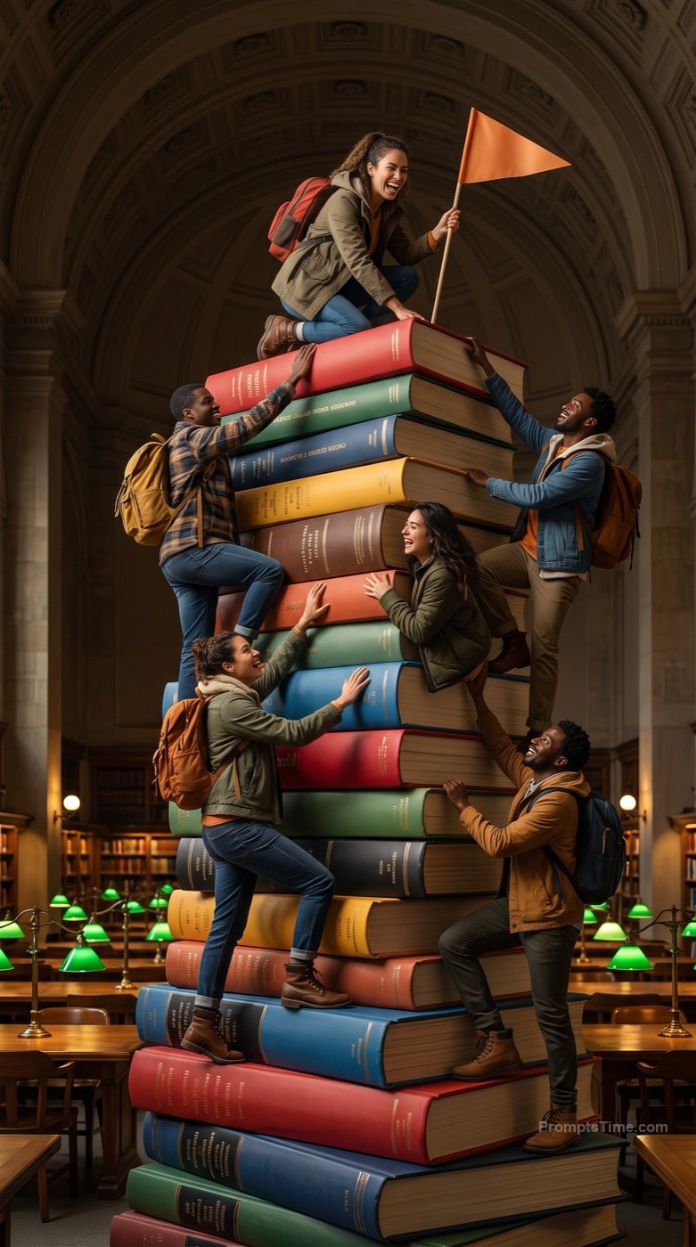 Friends climbing giant stack of colourful books like mountai — AI-generated variation made with Gemini Image