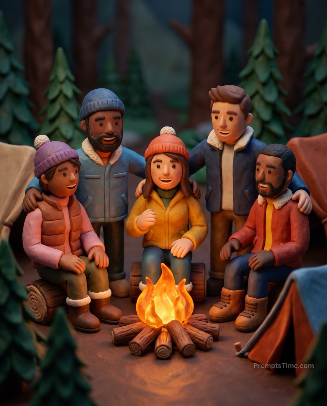 Friends in handmade claymation dioramaround crackling campfi — AI-generated variation made with Gemini Image