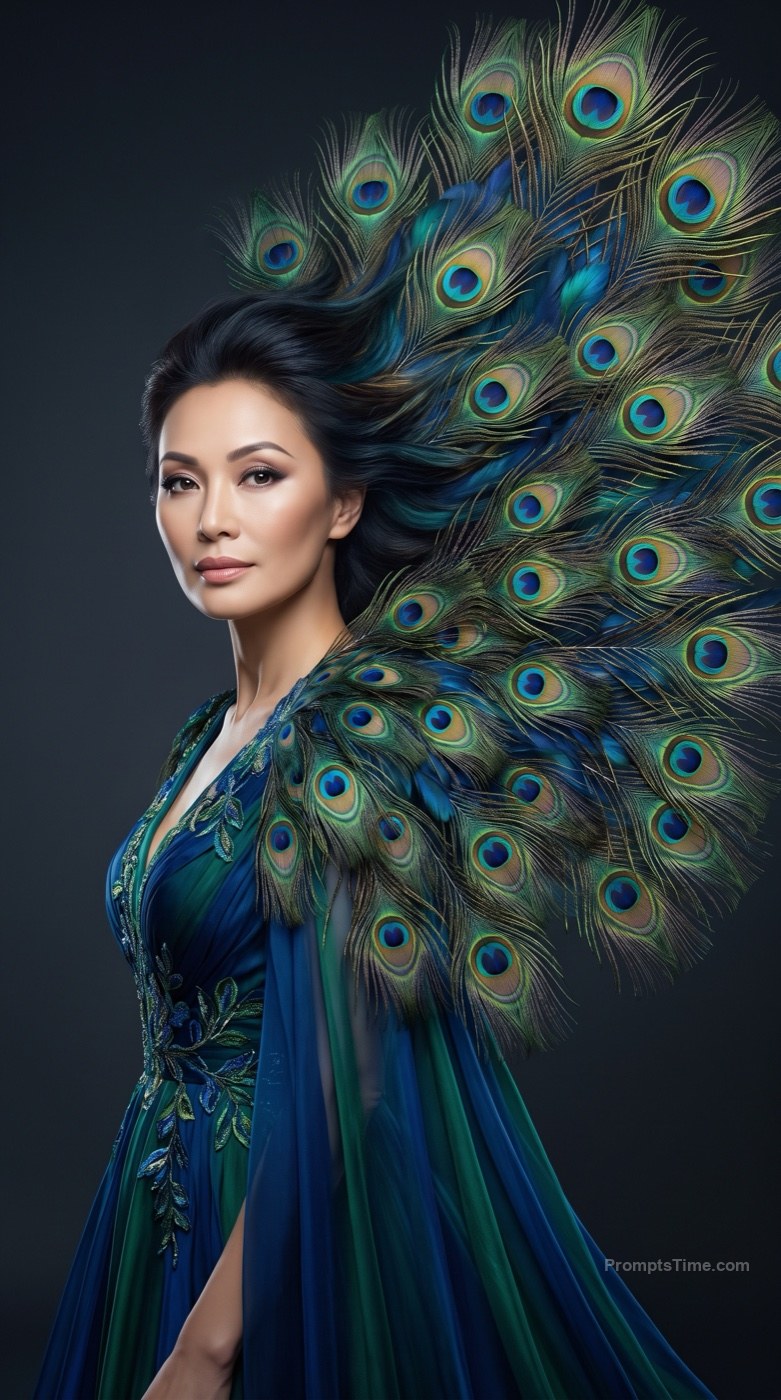 Woman Becoming a Living Peacock — AI-generated images image made with Gemini Image (Google Flow)