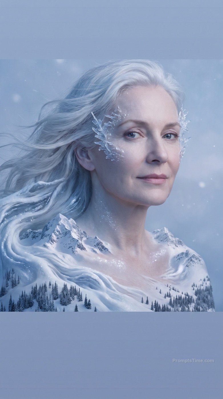 Woman Becoming a Snow Kingdom — AI-generated images image made with Gemini Image (Google Flow)