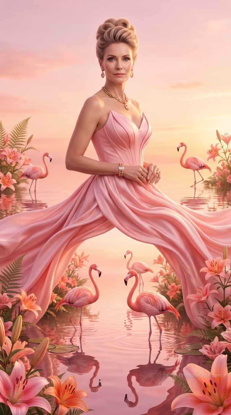 Woman in a Flamingo-Garden Gown — AI-generated images image made with Gemini Image (Google Flow)