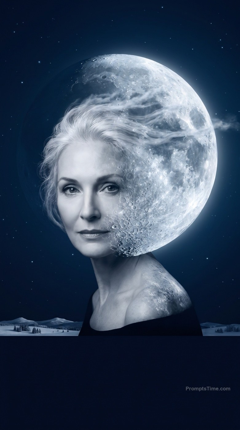 Woman Merging with the Moon — AI-generated images image made with Gemini Image (Google Flow)