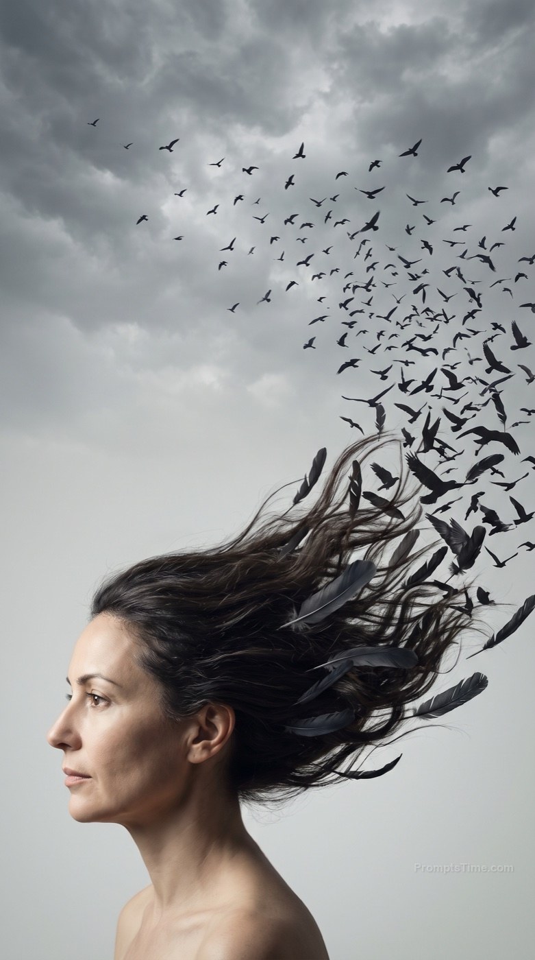 Woman Whose Hair Becomes a Flock of Birds — AI-generated images image made with Gemini Image (Google Flow)