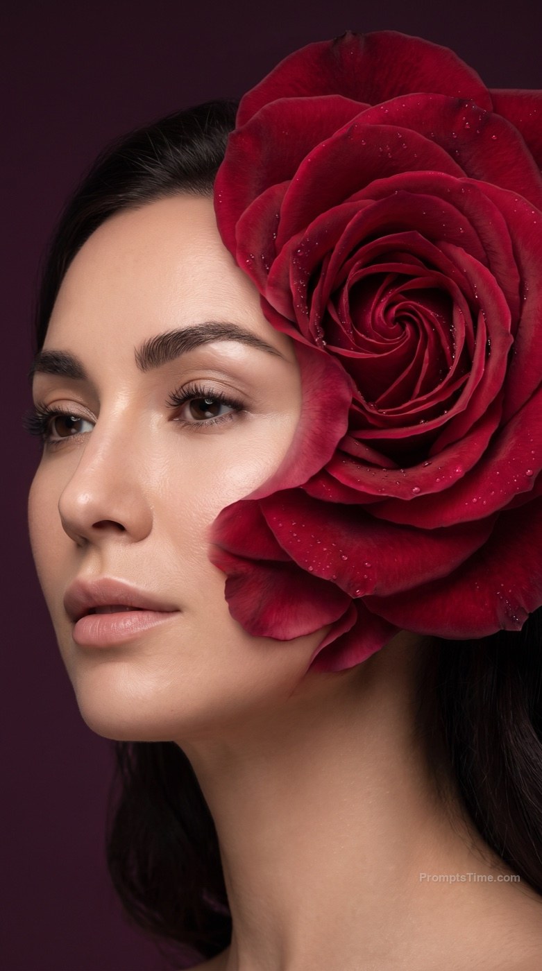 Woman with a Blooming Rose Face — AI-generated images image made with Gemini Image (Google Flow)
