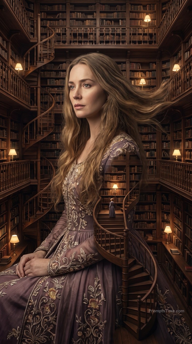 Woman Becoming an Infinite Library — AI-generated images image made with Gemini Image (Google Flow)