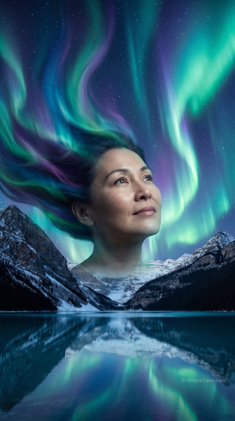 Woman with Northern-Lights Hair — AI-generated images image made with Gemini Image (Google Flow)