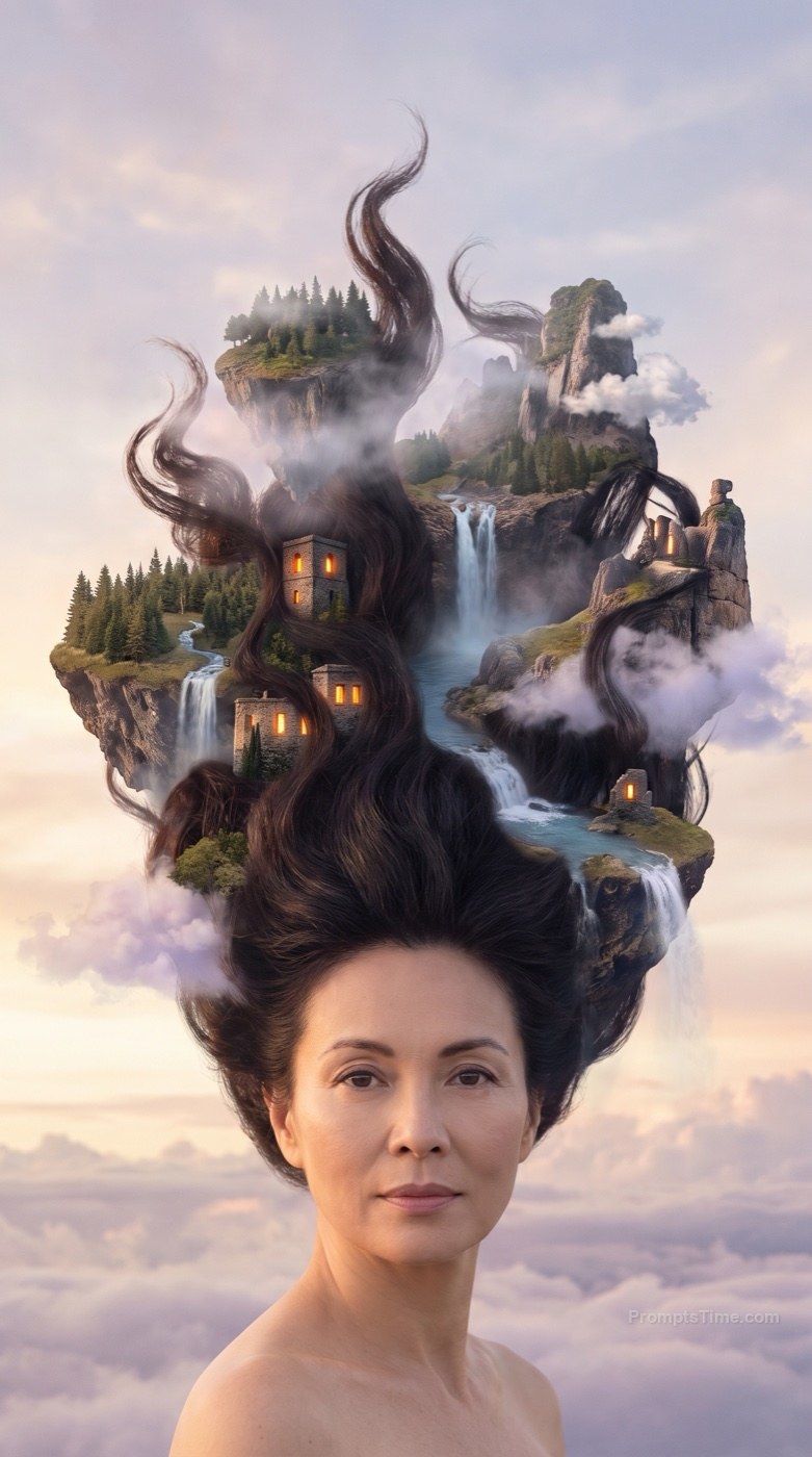 Woman with Floating-Island Hair — AI-generated images image made with Gemini Image (Google Flow)