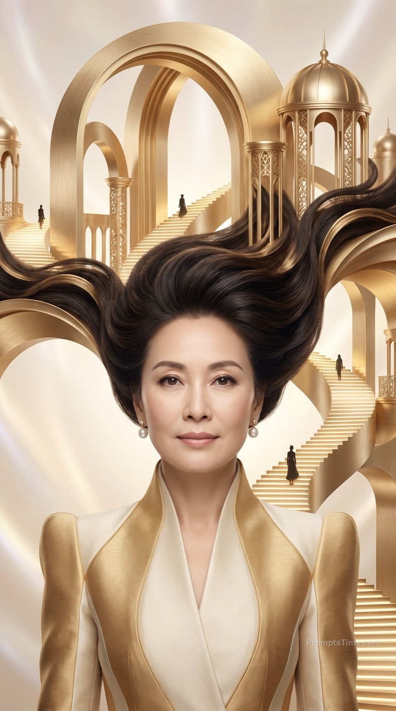 Woman with Golden Architecture Hair — AI-generated images image made with Gemini Image (Google Flow)