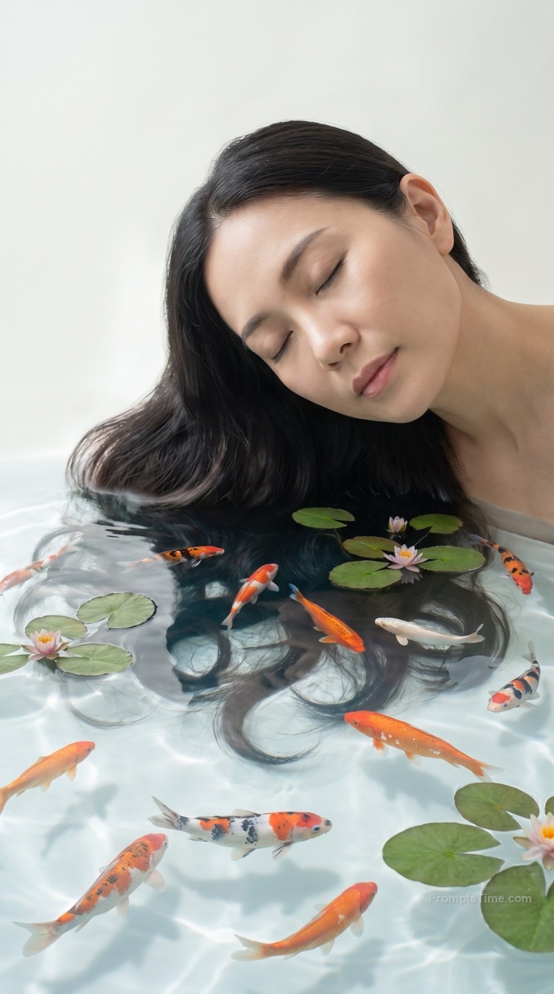 Woman with Koi-Pond Hair — AI-generated images image made with Gemini Image (Google Flow)