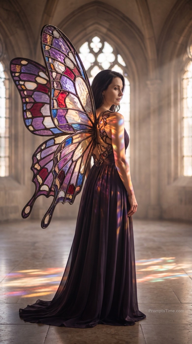 Woman with Stained-Glass Butterfly Wings — AI-generated images image made with Gemini Image (Google Flow)