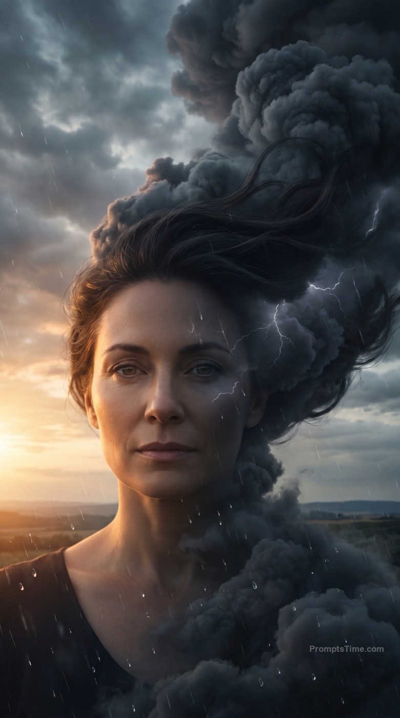 Woman with Storm-Cloud Hair and Lightning — AI-generated images image made with Gemini Image (Google Flow)