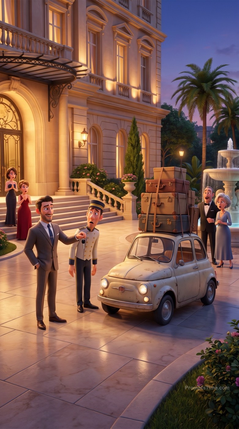 Wrong Car at the Luxury Hotel — AI-generated images image made with Gemini Image (Google Flow)